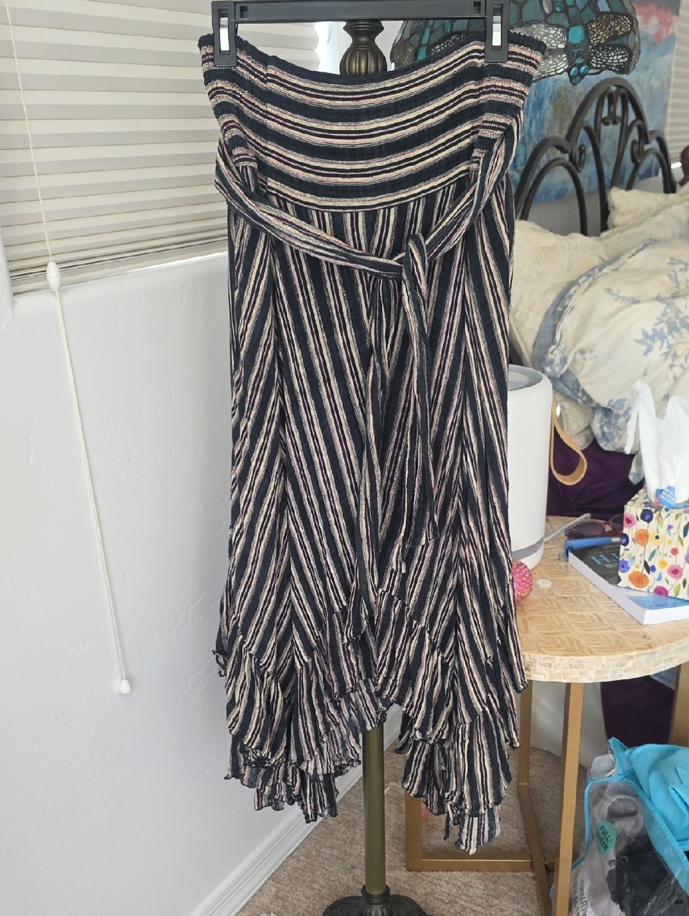 Free People Black and Pink Striped Asymmetrical Midi Skirt